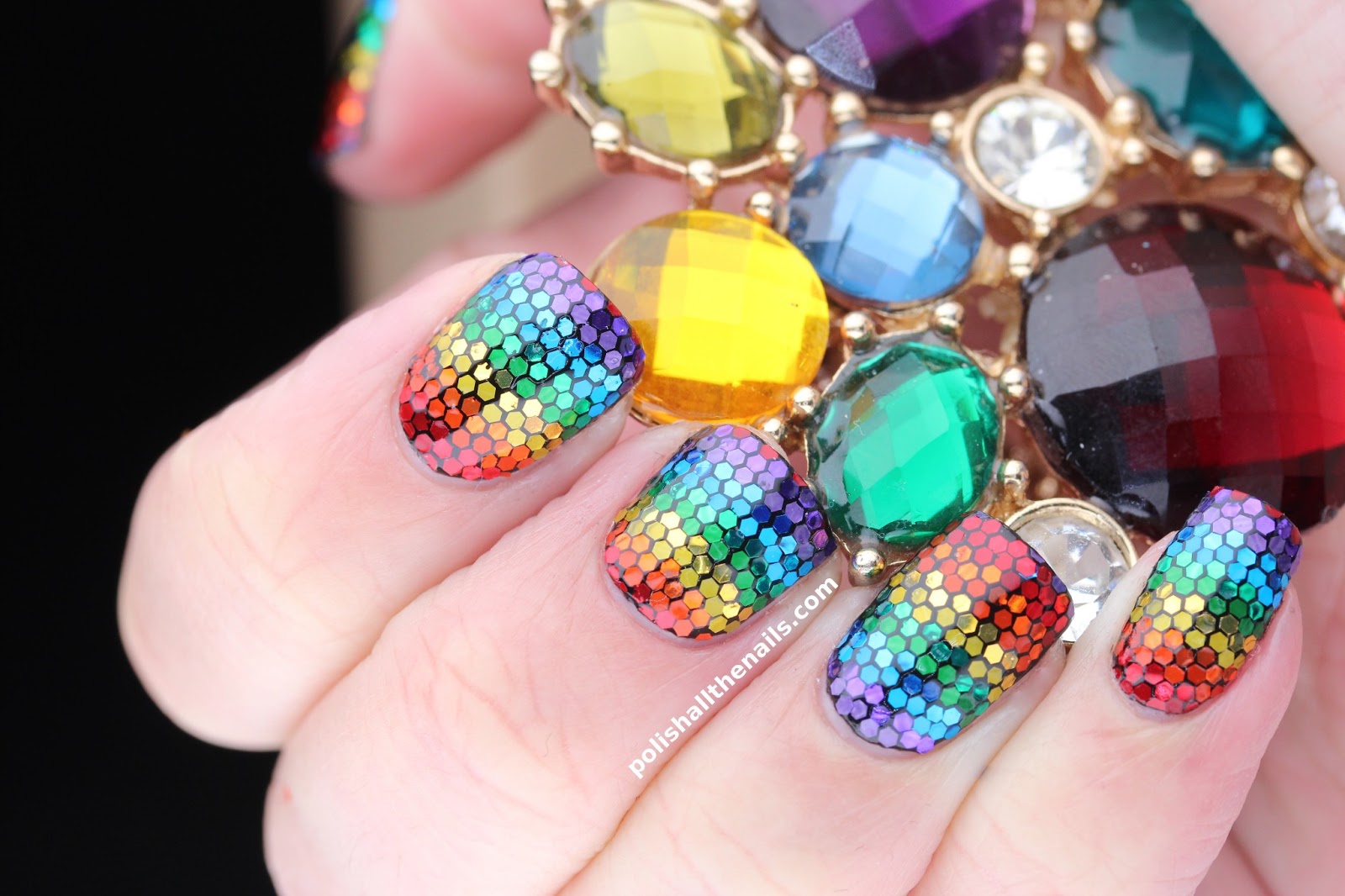 Mega rainbow nails featuring alternating matte and metallic glitter over black (2)[1]